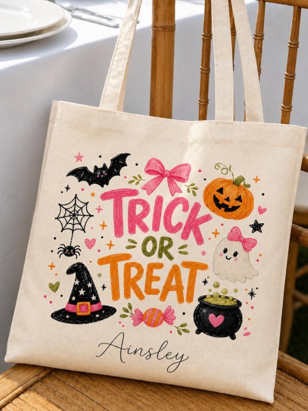 Personalized Girly Halloween Trick or Treat Tote Bag - Picture 2 of 2